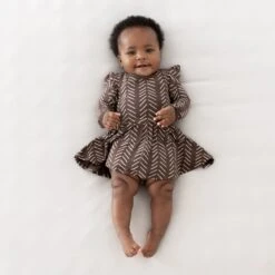 Long Sleeve Twirl Bodysuit Dress In Espresso Herringbone -Kyte baby Store kyte baby ls twirl bodysuit dress long sleeve twirl bodysuit dress in espresso herringbone 32720672948335