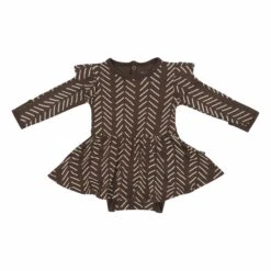 Long Sleeve Twirl Bodysuit Dress In Espresso Herringbone